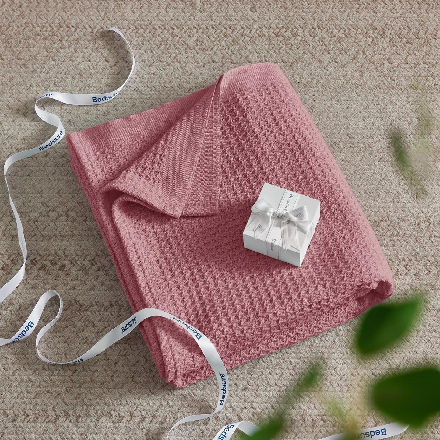 Bedsure 100% Cotton Blanket King Size for Bed - Breathable and Soft, Waffle Weave Blanket for Summer, Thick Cozy Fall Blankets for Women Gift, Dusty Rose, 104x90 inches