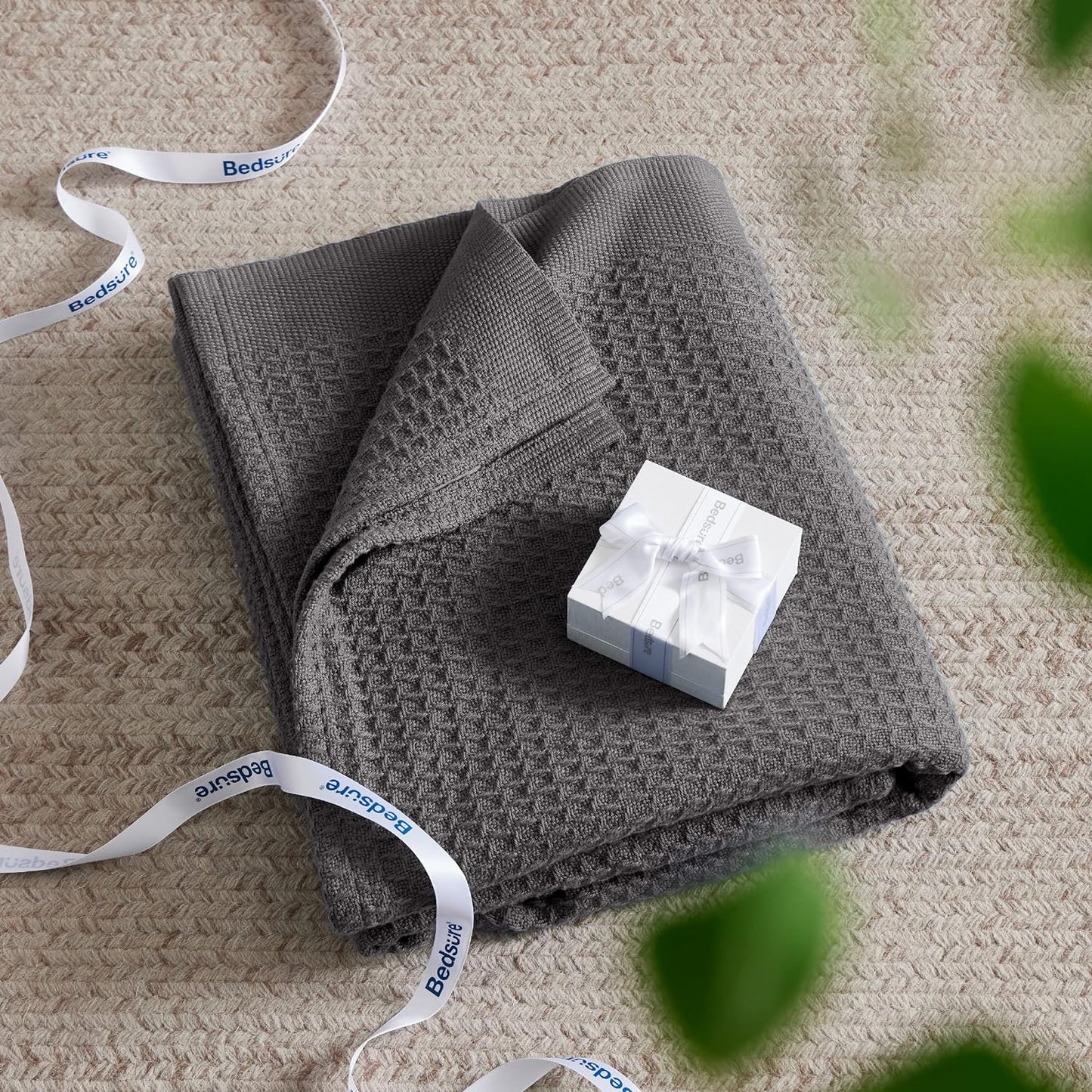 Bedsure 100% Cotton Blanket Queen Size for Bed - Breathable and Soft, Waffle Weave Blanket for Summer, Thick Cozy Fall Blankets for Women Gift, Dark Grey, 90x90 Inches