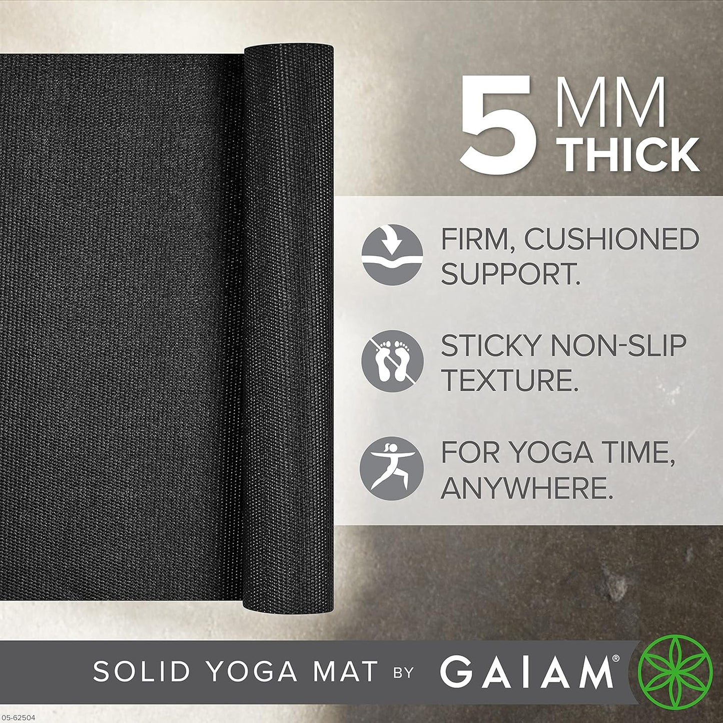 Gaiam Yoga Mat - Premium 5mm Solid Thick Non Slip Exercise & Fitness Mat for All Types of Yoga, Pilates & Floor Workouts (68" x 24" x 5mm)