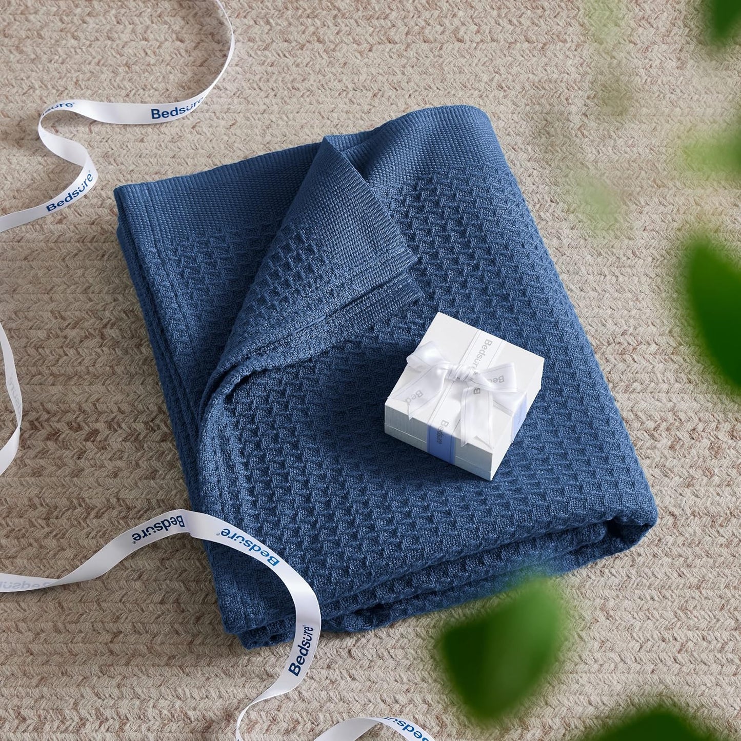 Bedsure 100% Cotton Blanket Twin XL Size for College Dorm - Breathable and Soft, Waffle Weave Twin Blanket for Summer, Dorm Room Essentials, Navy, 66x90 inches