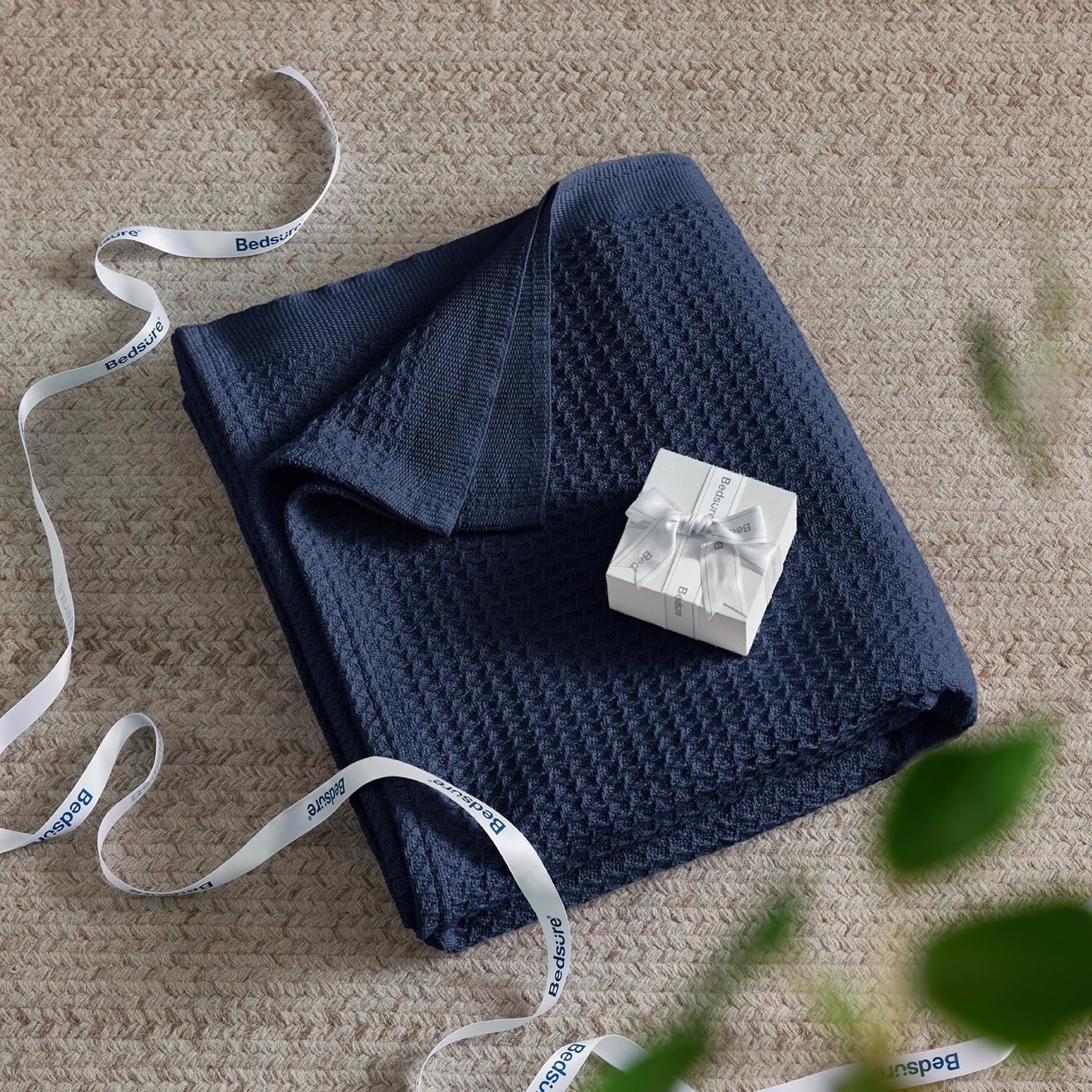 Bedsure 100% Cotton Blanket Queen Size for Bed - Breathable and Soft, Waffle Weave Blanket for Summer, Thick Cozy Fall Blankets for Women Gift, Pageant Blue, 90x90 Inches