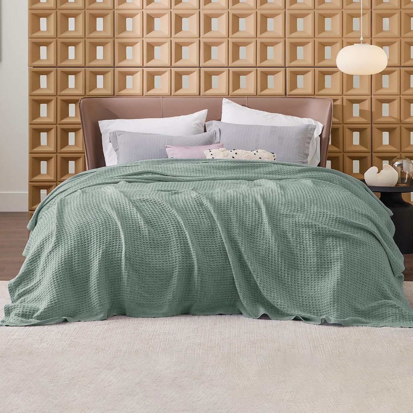 Bedsure 100% Cotton Blanket King Size for Bed - Breathable and Soft, Waffle Weave Blanket for Summer, Thick Cozy Fall Blankets for Women Gift, Sage Green, 104x90 inches