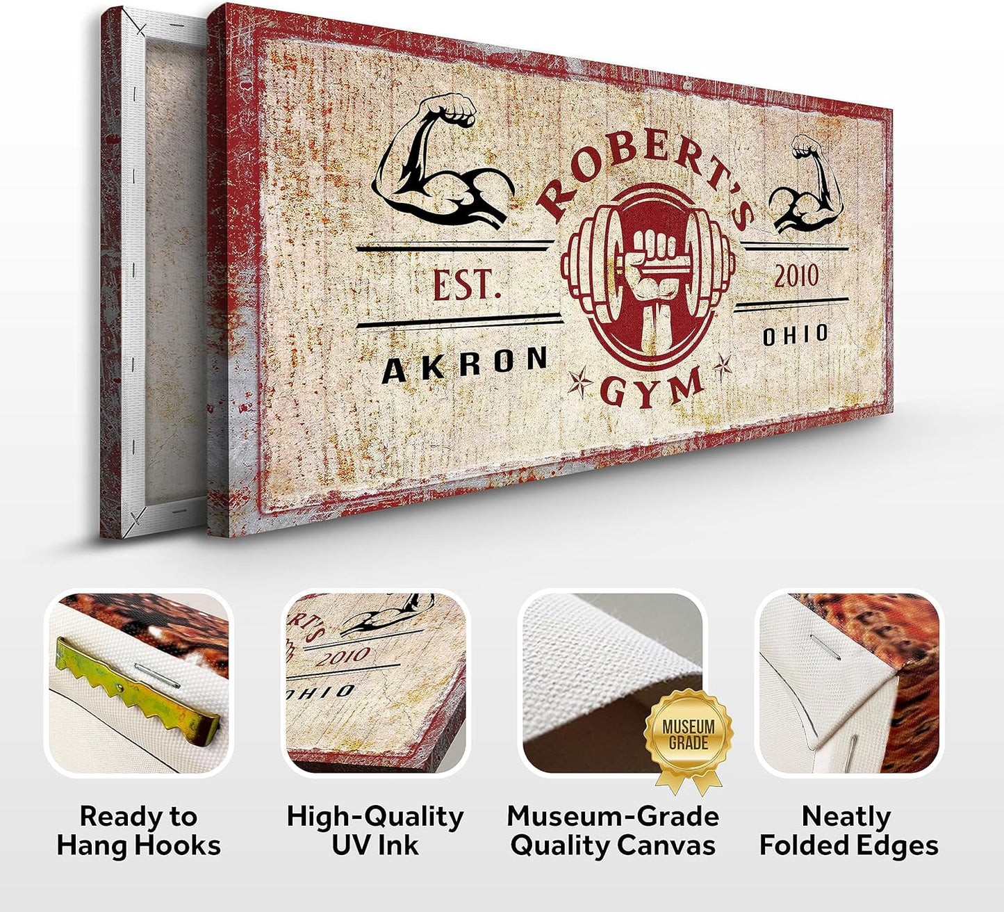 Tailored Canvases Personalized Gym Sign Wall Art Decor - Motivational Canvas for Home Gym, Workout Room, Garage, Fitness Center - Workout Inspirational Posters - One Hand Dumbbell on Rustic Red, 48x24in