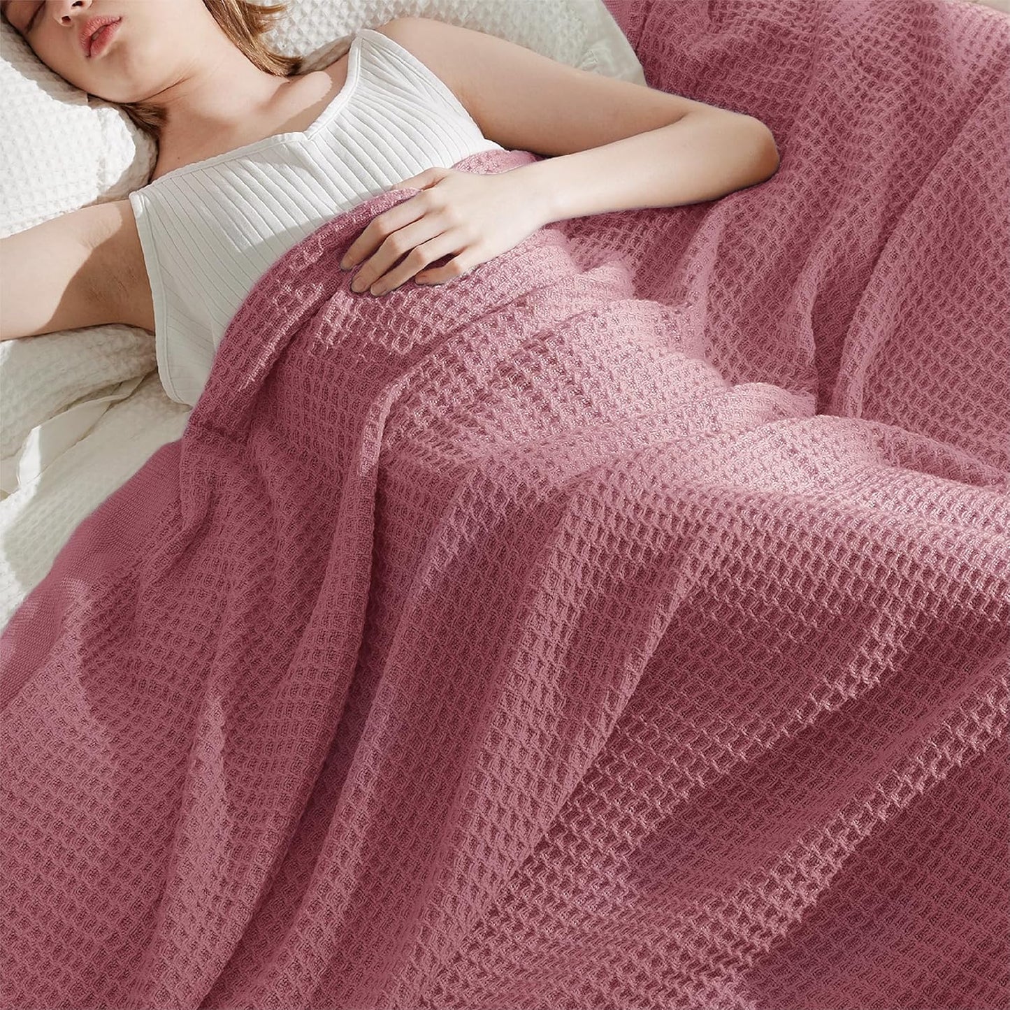 Bedsure 100% Cotton Blanket Twin XL Size for College Dorm - Breathable and Soft, Waffle Weave Twin Blanket for Summer, Dorm Room Essentials, Dusty Rose, 66x90 inches