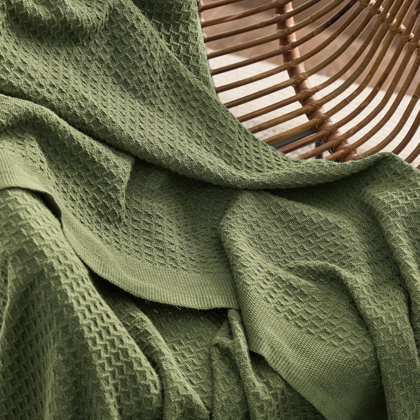 Bedsure 100% Cotton Blanket King Size for Bed - Breathable and Soft, Waffle Weave Blanket for Summer, Thick Cozy Fall Blankets for Women Gift, Olive Green, 104x90 inches