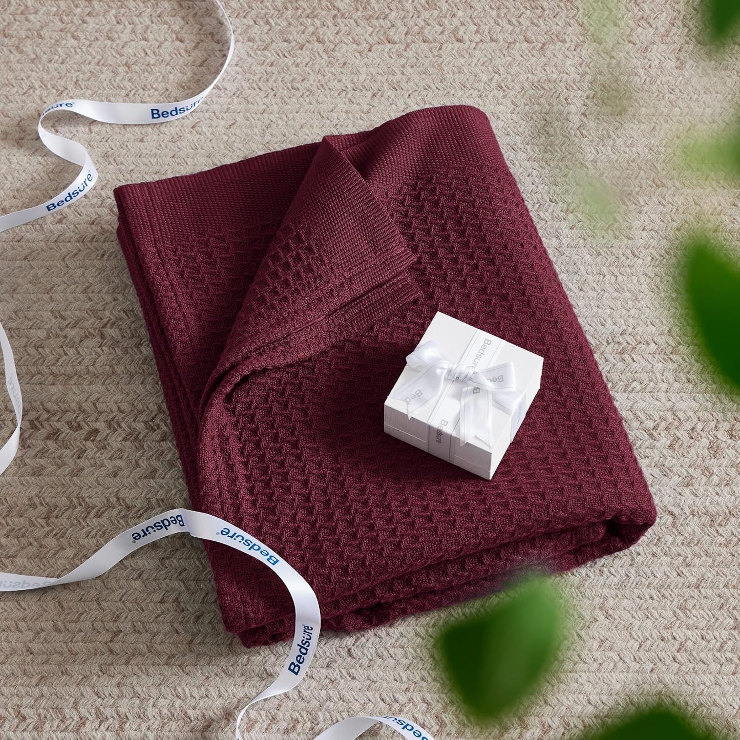 Bedsure 100% Cotton Blanket King Size for Bed - Breathable and Soft, Waffle Weave Blanket for Summer, Thick Cozy Fall Blankets for Women Gift, Red, 104x90 inches