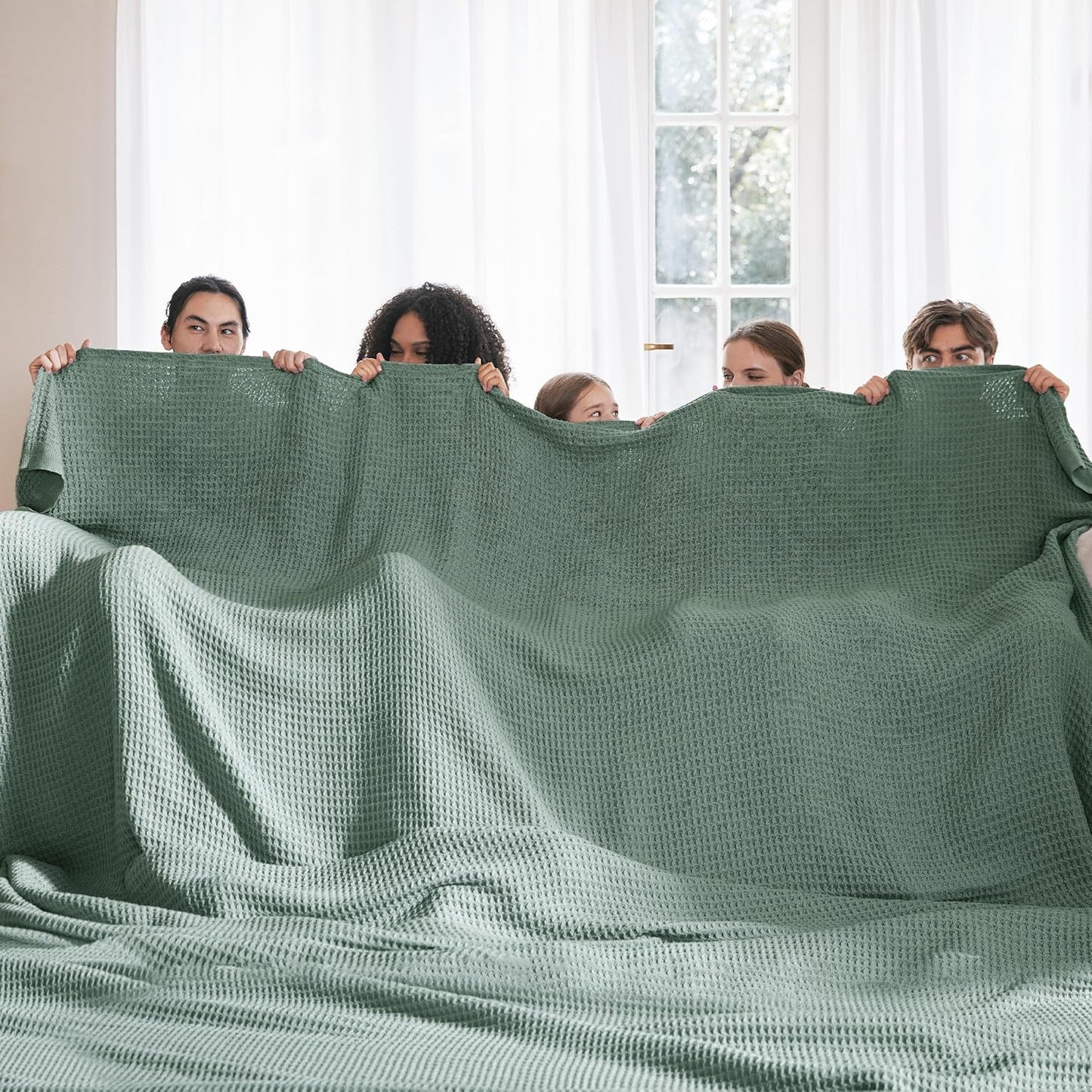 Bedsure 100% Cotton Large Blanket Oversized King for Bed - Breathable Thick Waffle Weave Blanket for Summer, Couch Cover, Sage Green, 120x94 inches
