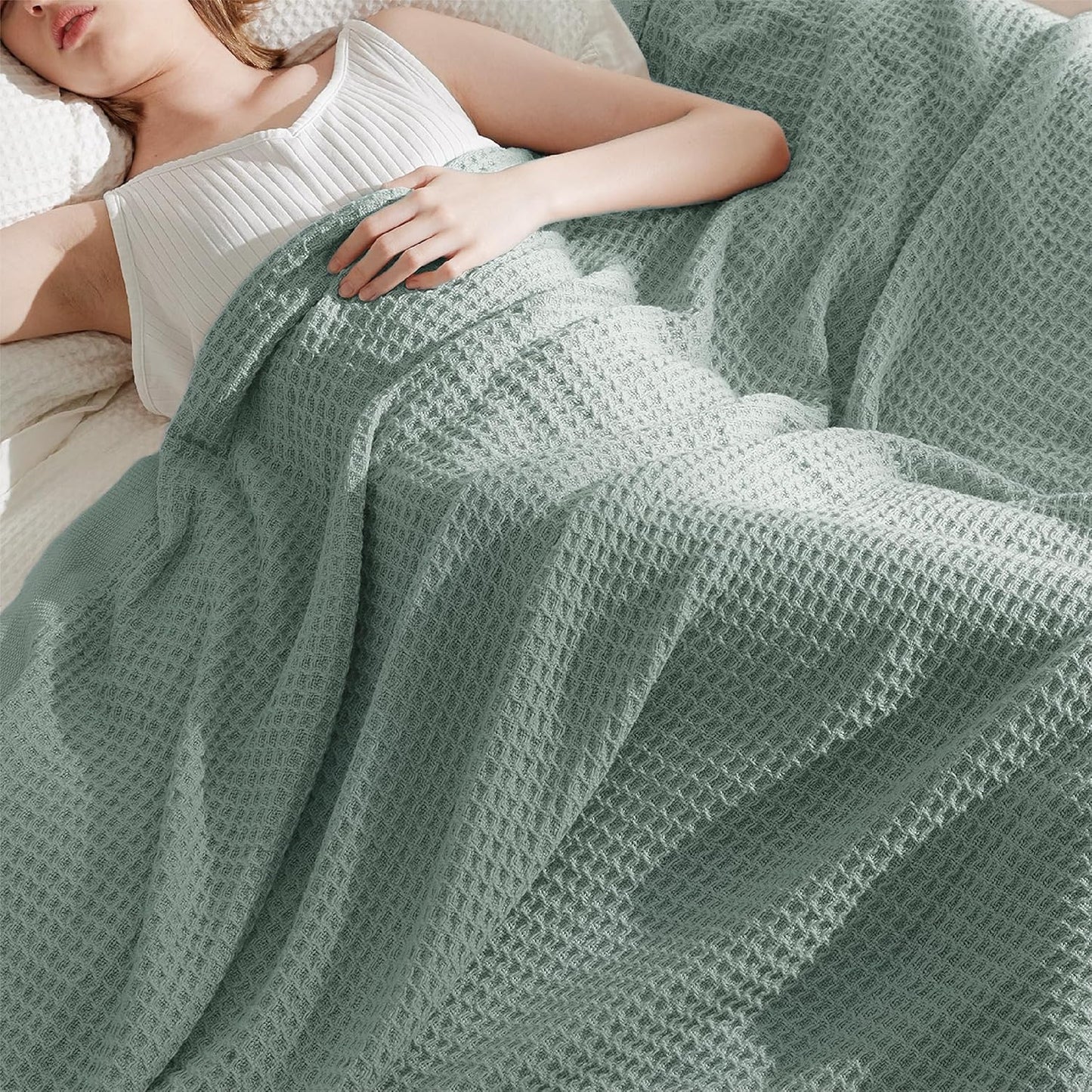 Bedsure 100% Cotton Large Throw Blanket for Couch 50x70 inches - Breathable and Soft, Waffle Weave Throw Blanket for Office, Sage Green