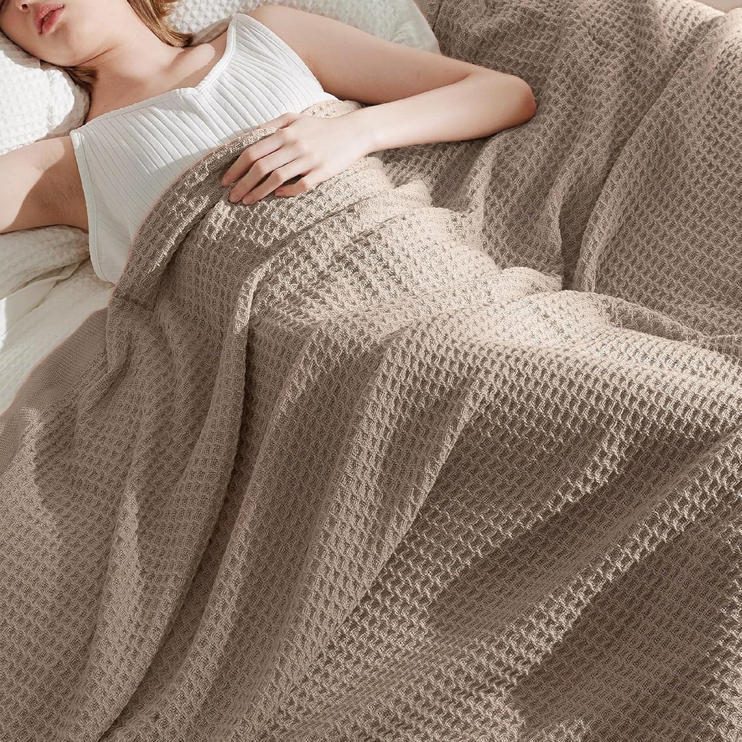 Bedsure 100% Cotton Blanket Twin XL Size for College Dorm - Breathable and Soft, Waffle Weave Twin Blanket for Summer, Dorm Room Essentials, Taupe, 66x90 inches