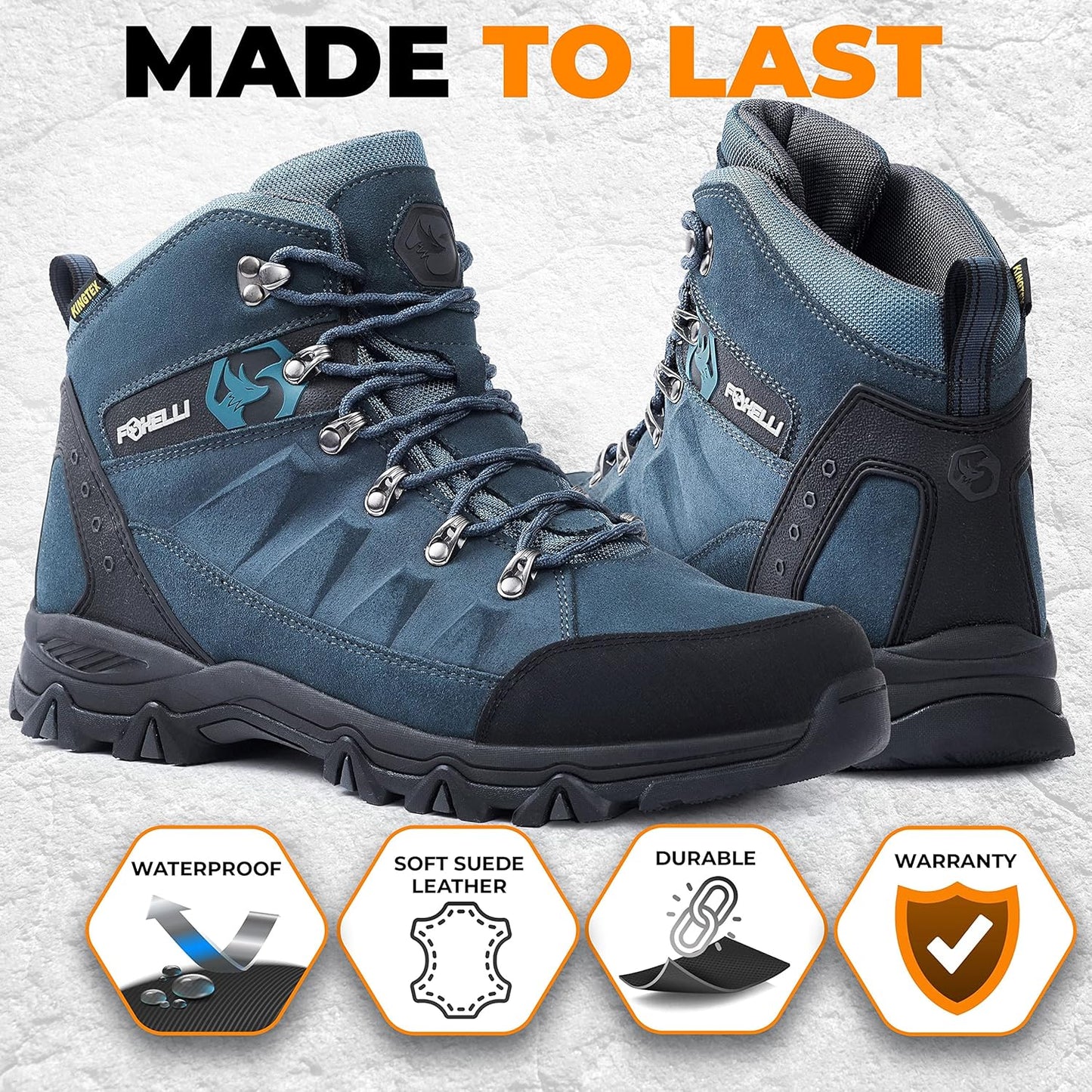 Foxelli Men’s Hiking Boots – Waterproof Breathable & Lightweight Suede Leather Hiking Boots for Men
