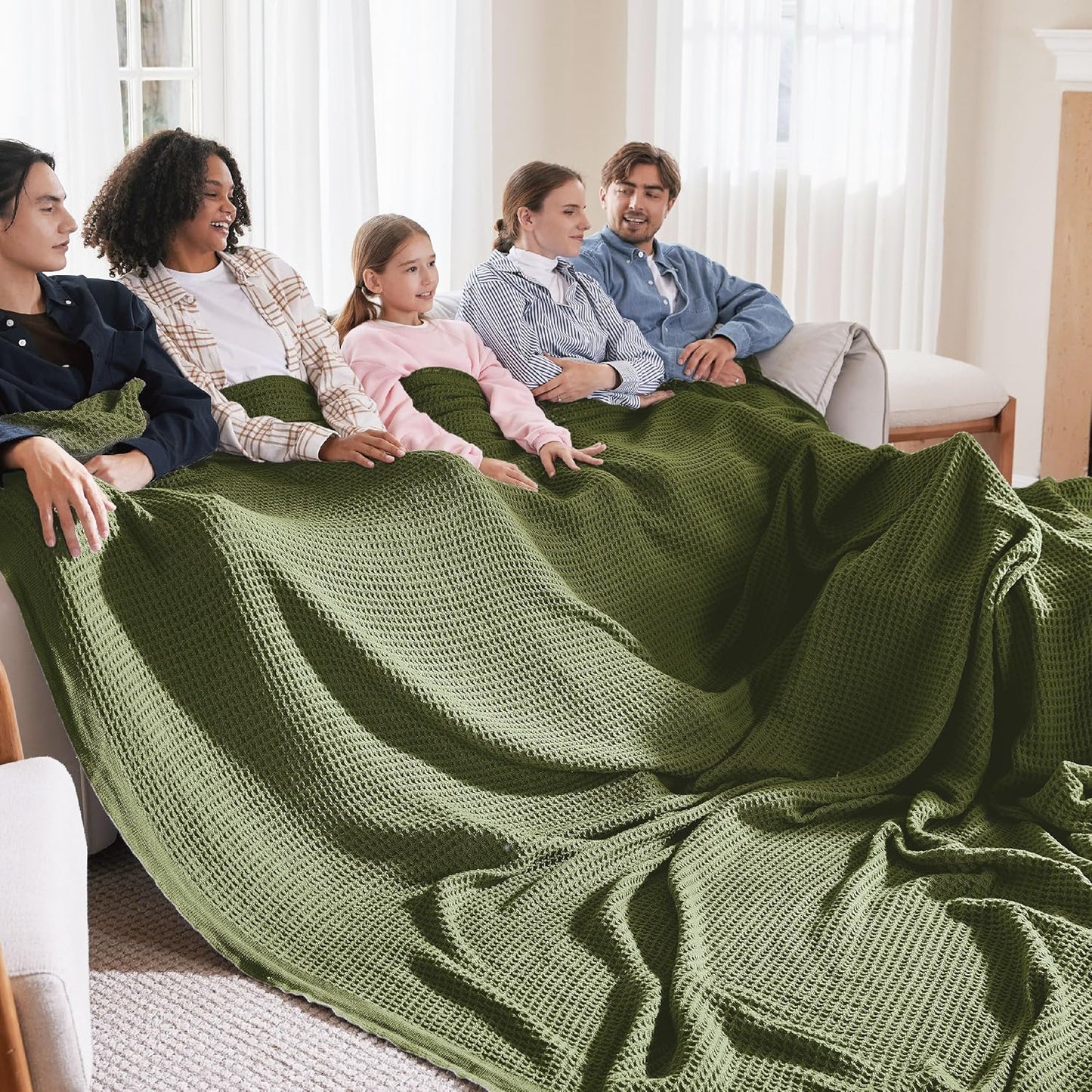 Bedsure 100% Cotton Large Blanket Oversized King for Bed - Breathable Thick Waffle Weave Blanket for Summer, Couch Cover, Olive Green, 120x94 inches