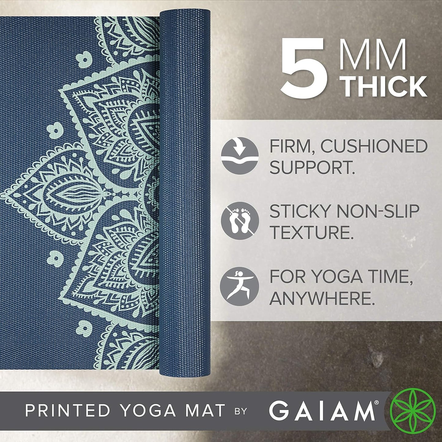 Gaiam Yoga Mat - Premium 5mm Print Thick Non Slip Exercise & Fitness Mat for All Types of Yoga, Pilates & Floor Workouts (68" x 24" x 5mm)